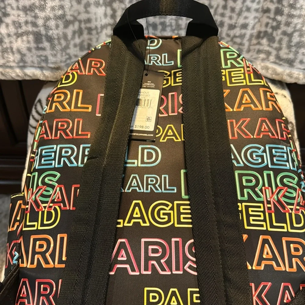 NWT Karl Lagerfeld Nylon Multi Color Backpack With 2 Side Pockets & Front Pocket - Picture 5 of 16